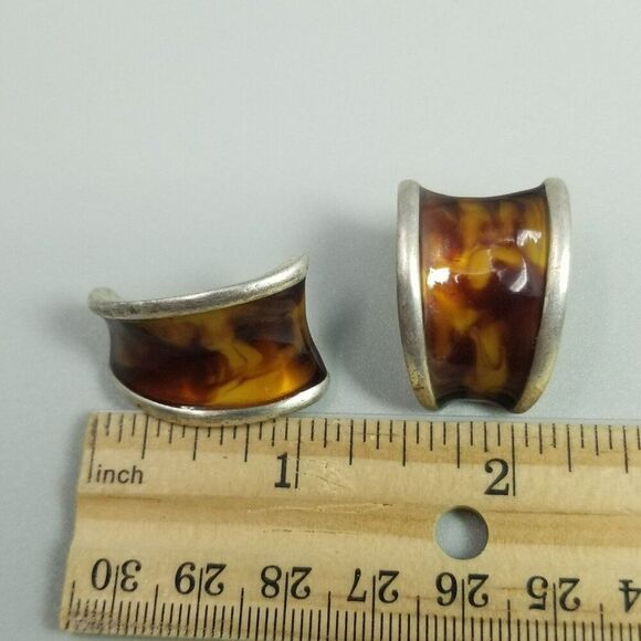 Vintage Anne Kline Tiger Eye Large Curved Stud Earrings Pierced, Silver Tone - Picture 6 of 8
